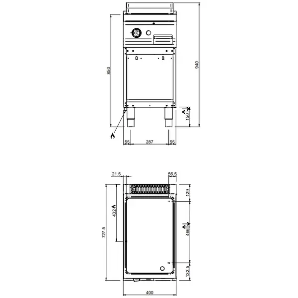 Bak-/Grillplaat | MAGISTRA PLUS 700 | Gas | Gegroefd Oppervlak 350x570 (RVS) | 5.5kW | Piëzo Ontsteking | Open Onderkast | 400x714x850(h)mm