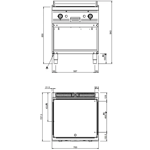 Bak-/Grillplaat | MAGISTRA PLUS 700 | Gas | Glad Oppervlak 650x570 (RVS) | 11kW | Piëzo Ontsteking | Open Onderkast | 700x714x850(h)mm
