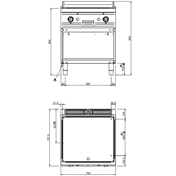 Bak-/Grillplaat | MAGISTRA PLUS 700 | Gas | Gegroefd Oppervlak 650x570 (RVS) | 11kW | Piëzo Ontsteking | Open Onderkast | 700x714x850(h)mm