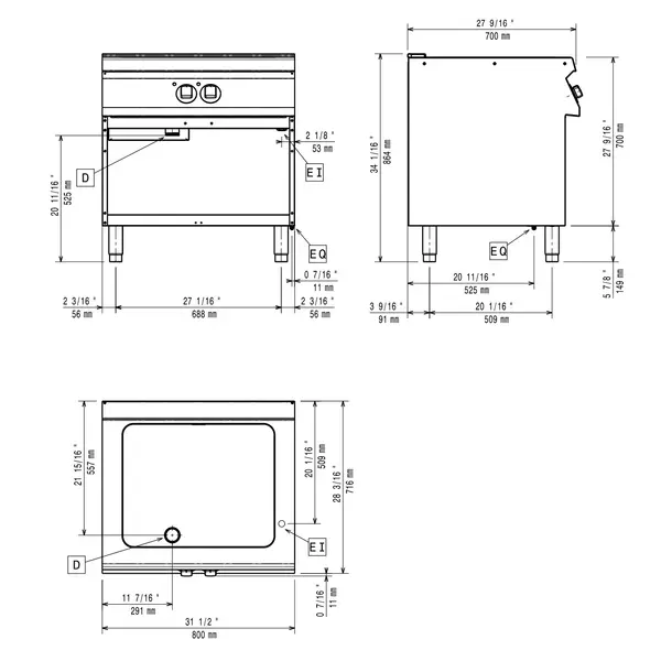 Multifunctionele Varipan | MAXIMA 700+ | Elektrisch | 22L | 120°C/300°C | 10kW (230V-3F) | Aftapkraan | Open Onderkast | 800x700x849/864(h)mm