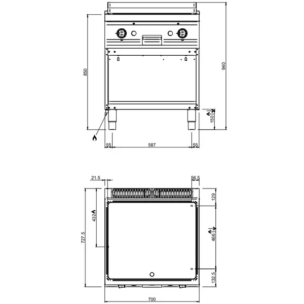 Bak-/Grillplaat | MAGISTRA PLUS 700 | Gas | Glad/Gegroefd Oppervlak 650x570 (Verchroomd) | 14kW | Piëzo Ontsteking | Open Onderkast | 700x714x850(h)mm