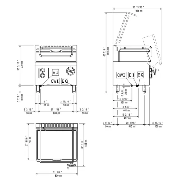 Kantelbare Braadpan | MAXIMA 700+ | Elektrisch | 60L | 90°C/290°C | 9.75kW (230V-3F) | Vulkraan | 800x700x920(h)mm