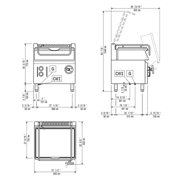 Kantelbare Braadpan | MAXIMA 700+ | Gas | 60L | 120°C/300°C | 16kW | Piëzo Ontsteking | Vulkraan | 800x700x920(h)mm