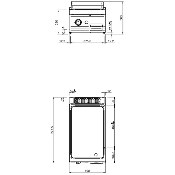 Bak-/Grillplaat | MAGISTRA PLUS 700 | Gas | Gegroefd Oppervlak 350x570 (RVS) | 5.5kW | Piëzo Ontsteking | 400x714x250(h)mm