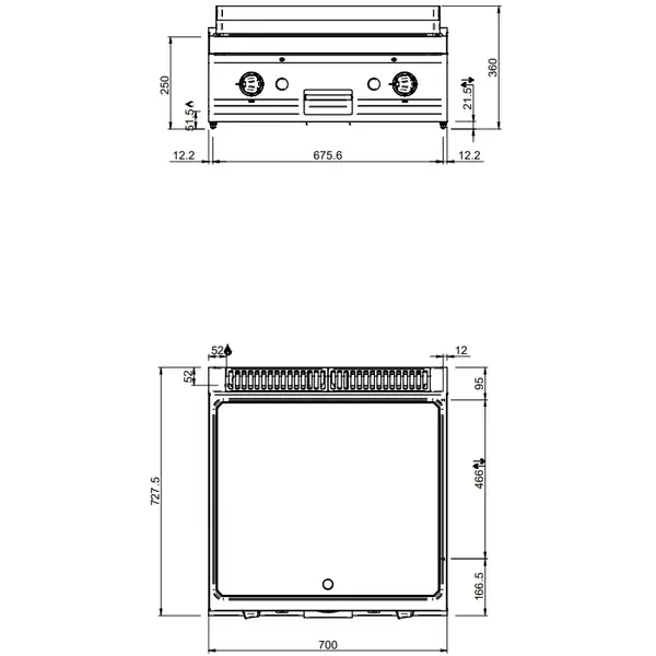 Bak-/Grillplaat | MAGISTRA PLUS 700 | Gas | Glad Oppervlak 650x570 (RVS) | 11kW | Piëzo Ontsteking | 700x714x250(h)mm