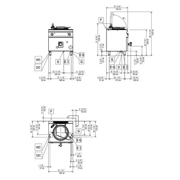 Kookketel | MAXIMA 700+ | Gas | 60L | Indirecte Verhitting | 14kW | Waakvlam/Piëzo | Vulkraan + Aftapkraan |  800x700x849/1056(h)mm
