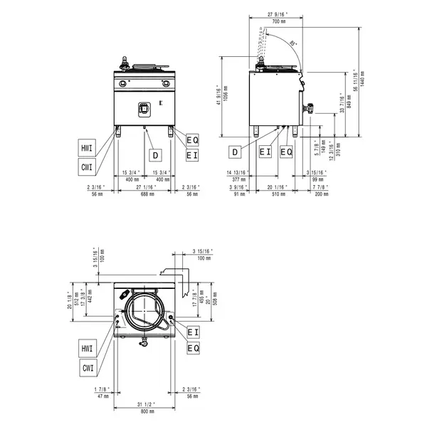 Kookketel | MAXIMA 700+ | Elektrisch | 60L | Indirecte Verhitting | 9.4kW (230V-3F) | Vulkraan + Aftapkraan | 800x700x849/1056(h)mm