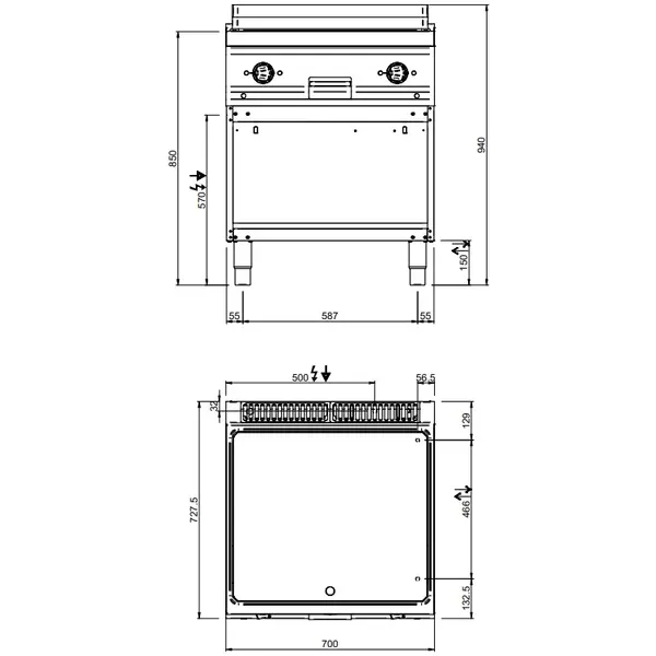 Bak-/Grillplaat | MAGISTRA PLUS 700 | Elektrisch | Glad Oppervlak 650x570 (Verchroomd) | 8kW (400V) | Open Onderkast | 700x714x850(h)mm