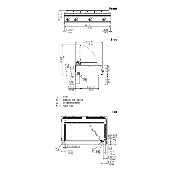 High Power Stoomgrill | MAXIMA 700+ | Elektrisch | Oppervlak 1030x400 (RVS) | 11.25kW (400V) | Vulkraan + Aftapkraan | 1200x700x274/348(h)mm