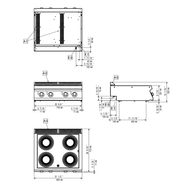 Inductiefornuis | MAXIMA 700+ | 4 Kookpunten (Ø230) | 14kW (230V-3F) | 800x700x275/332(h)mm