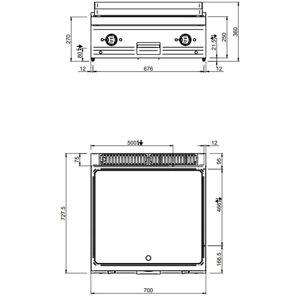 Bak-/Grillplaat | MAGISTRA PLUS 700 | Elektrisch | Glad/Gegroefd Oppervlak 650x570 (RVS) | 8kW (400V) | 700x714x250(h)mm