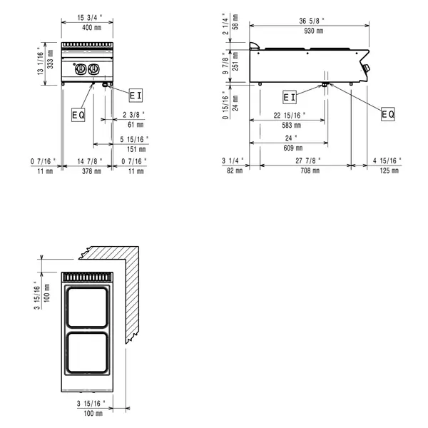 Fornuis | MAXIMA 900+ | Elektrisch | 2 Kookpunten (300x300) | 8kW (230V-3F) | 400x900x275/333(h)mm