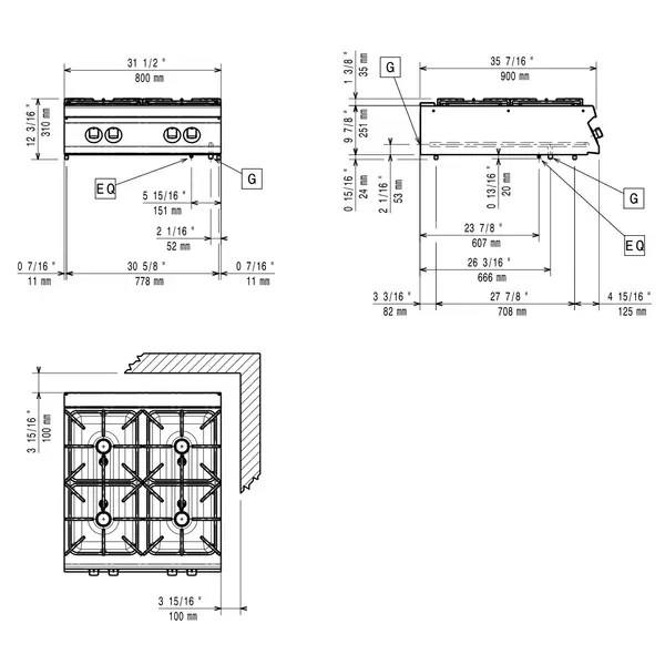 Fornuis | MAXIMA 900+ | Gas | 4 Branders (1x 10kW + 3x 6kW) | Waakvlam | 800x900x275/310(h)mm