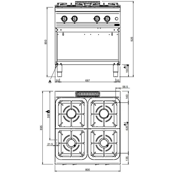 Fornuis | MAGISTRA PLUS 900 | Gas | 4 Branders (4x 5.5kW) | Waakvlam | Open Onderkast | 800x900x850(h)mm