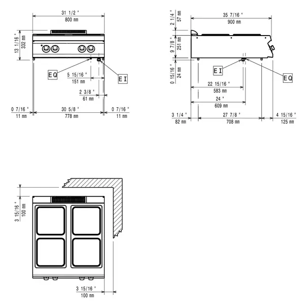 Fornuis | MAXIMA 900+ | Elektrisch | 4 Kookpunten (300x300) | 16kW (230V-3F) | 800x900x275/332(h)mm