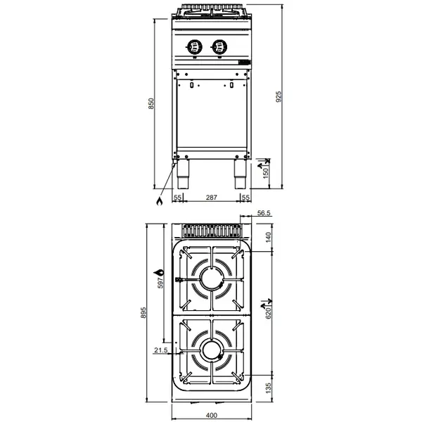 Fornuis | MAGISTRA PLUS 900 | Gas | 2 Branders (2x 5.5kW) | Waakvlam | Open Onderkast | 400x900x850(h)mm