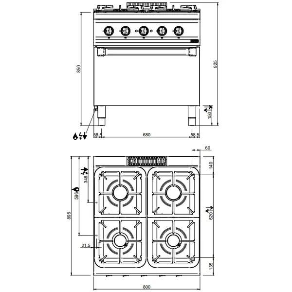 Fornuis + Oven | MAGISTRA PLUS 900 | Gas | 4 Branders (4x 5.5kW) + 2/1 GN Oven (7kW) | Waakvlam/Piëzo | 800x900x850(h)mm