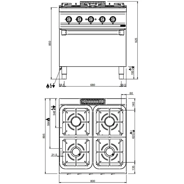 Fornuis + Oven | MAGISTRA PLUS 900 | Gas/Elektrisch | 4 Branders (4x 5.5kW) + 2/1 GN Oven (6kW-400V) | Waakvlam | 800x900x850(h)mm