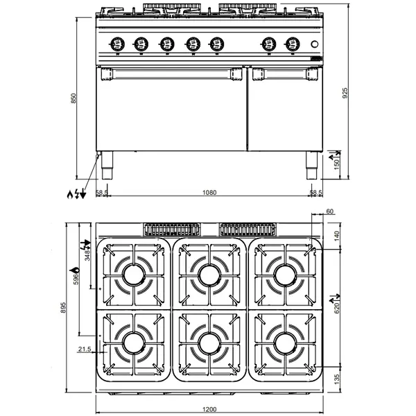 Fornuis + Oven | MAGISTRA PLUS 900 | Gas | 6 Branders (3x 7kW, 3x 11kW) + 2/1 GN Oven (7kW) | Waakvlam/Piëzo | Neutraal Vak | 1200x900x850(h)mm