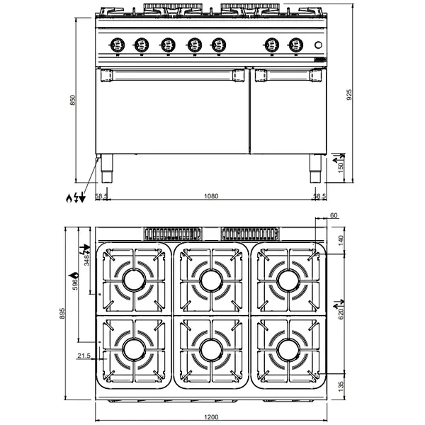 Fornuis + Oven | MAGISTRA PLUS 900 | Gas/Elektrisch | 6 Branders (3x 7kW, 3x 11kW) + 2/1 GN Oven (6kW-400V) | Waakvlam | Neutraal Vak | 1200x900x850(h)mm