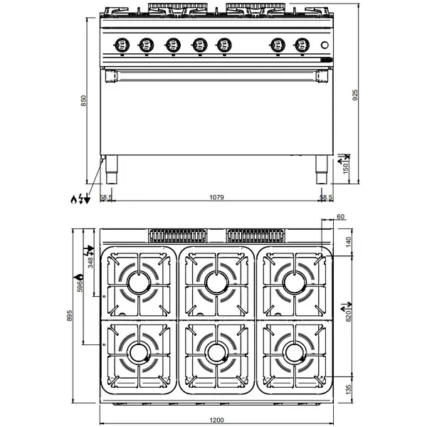 Fornuis + Maxi Oven | MAGISTRA PLUS 900 | Gas | 6 Branders (3x 7kW, 3x 11kW) + Oven Met Grillfunctie (10kW, 5 kW(400V)) | Waakvlam/Piëzo | 1200x900x850(h)mm