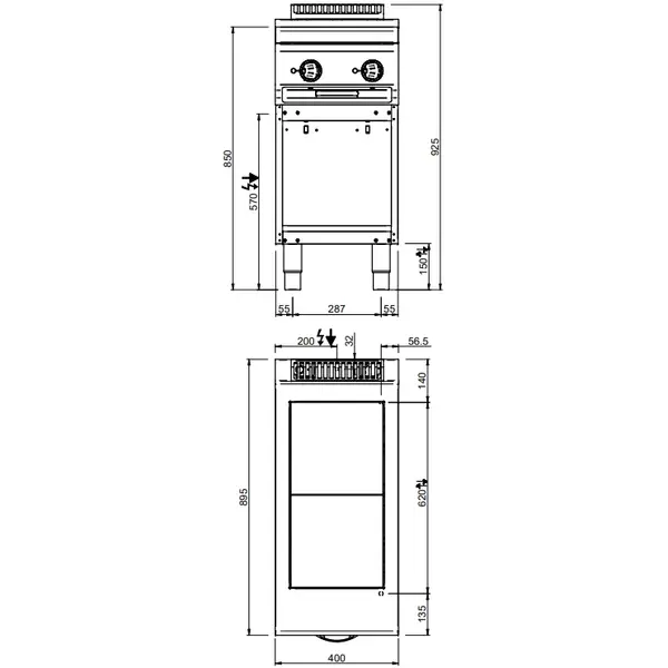 Fornuis | MAGISTRA PLUS 900 | Elektrisch | 2 Kookpunten (300x300) | 5kW (400V) | Open Onderkast | 400x900x850(h)mm