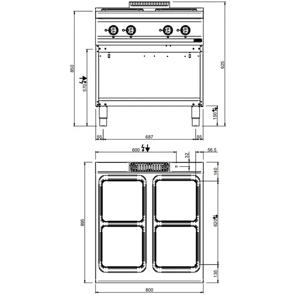 Fornuis | MAGISTRA PLUS 900 | Elektrisch | 4 Kookpunten (300x300) | 13kW (400V) | Open Onderkast | 800x900x850(h)mm