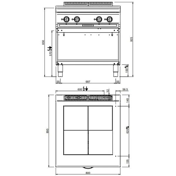 Fornuis | MAGISTRA PLUS 900 | Elektrisch | 4 Kookpunten (300x300) | 10kW (400V) | Open Onderkast | 800x900x850(h)mm