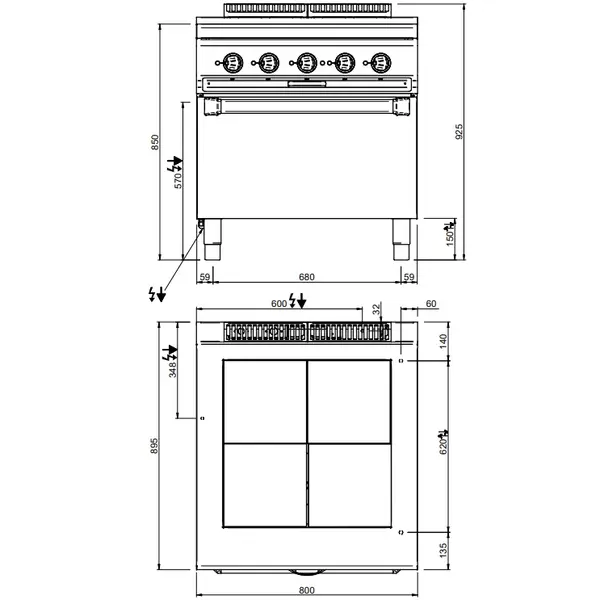 Fornuis + Oven | MAGISTRA PLUS 900 | Elektrisch | 4 Kookpunten (300x300) + 2/1 GN Oven | 16kW (400V) | 800x900x850(h)mm