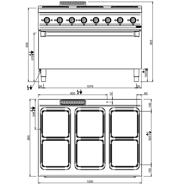 Fornuis + Maxi Oven | MAGISTRA PLUS 900 | Elektrisch | 6 Kookpunten (300x300) + Oven | 30kW (400V) | 1200x900x850(h)mm