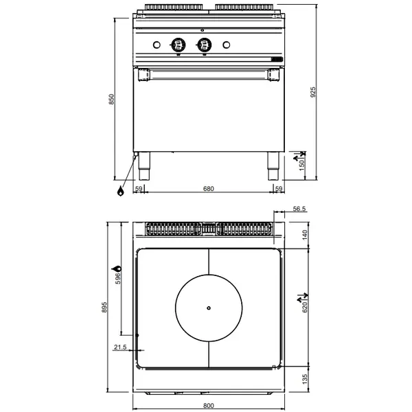 Doorkookplaat + Oven | MAGISTRA PLUS 900 | Gas | 12kW + 2/1 GN Oven (7kW) | Piëzo Ontsteking | 800x900x850(h)mm