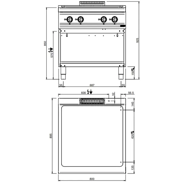Doorkookplaat | MAGISTRA PLUS 900 | Elektrisch | 4 Zones | 14kW (400V) | Open Onderkast | 800x900x850(h)mm