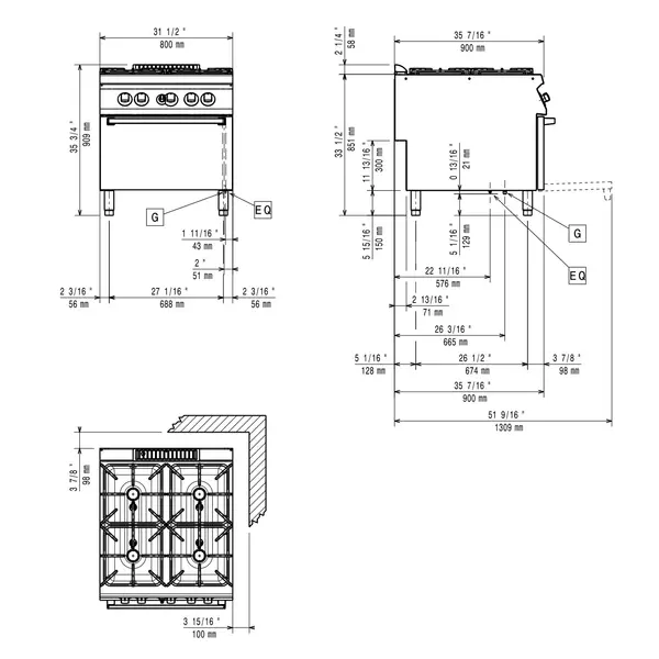 Fornuis + Oven | MAXIMA 900+ | Gas | 4 Branders (1x 10kW + 3x 6kW) + 2/1 GN Oven (8.5kW) | Waakvlam/Piëzo | 800x900x851/909(h)mm