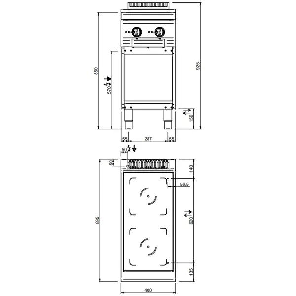 Inductiefornuis | MAGISTRA PLUS 900 | 2 Kookpunten | 10kW (400V) | Open Onderkast | 400x900x850(h)mm