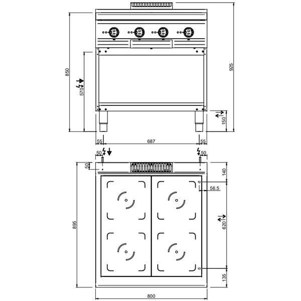 Inductiefornuis | MAGISTRA PLUS 900 | 4 Kookpunten | 20kW (400V) | Open Onderkast | 800x900x850(h)mm