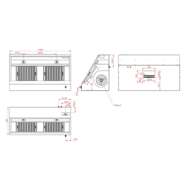 Afzuigkap | Schuin Model | Incl. Motor | 1400m³/u | Regelaar + Verlichting | 1200x700x540(h)mm