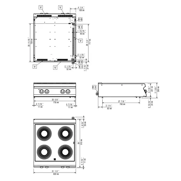 Glaskeramisch Fornuis | MAXIMA 900+ | 4 Kookpunten (Ø300) | 13.6kW (400V) | 800x900x275/290(h)mm
