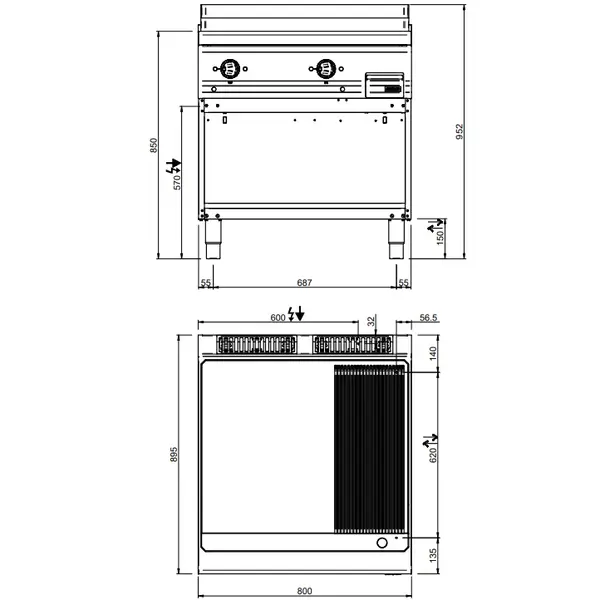 Bak-/Grillplaat | MAGISTRA PLUS 900 | Elektrisch | Glad/Gegroefd Oppervlak 780x720 (RVS) | 12kW (400V) | Open Onderkast | 800x900x850(h)mm