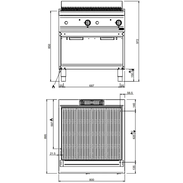 Lavasteengrill | MAGISTRA PLUS 900 | Gas | Oppervlak 720x635 (Gietijzer) | 20kW | Piëzo Ontsteking | Open Onderkast | 800x900x250(h)mm