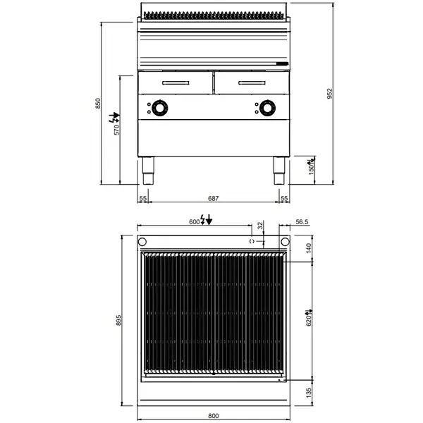 Stoomgrill | MAGISTRA PLUS 900 | Elektrisch | Oppervlak 740x640 (Gietijzer) | 14kW (400V) | 2 Uitneembare Waterladen | 800x900x850(h)mm