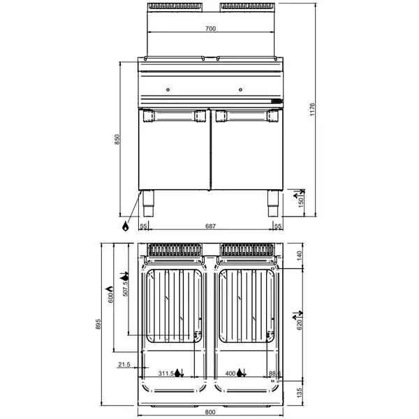 Friteuse | MAGISTRA PLUS 900 | Gas | 18+18L | 90°C/190°C | 36kW | Aftapkranen | Piëzo Ontsteking | 800x900x850/1180(h)mm
