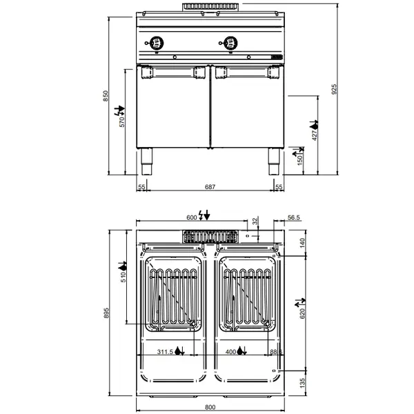 Friteuse | MAGISTRA PLUS 900 | Elektrisch | 18+18L | 90°C/190°C | 32kW (400V) | Aftapkranen | 800x900x850(h)mm