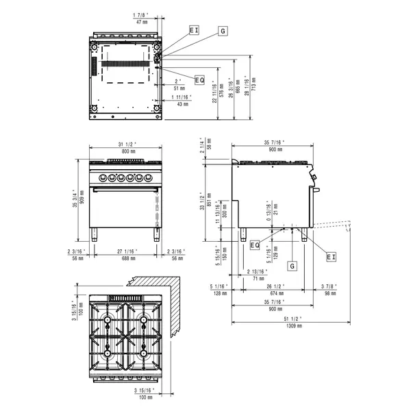 Fornuis + Oven | MAXIMA 900+ | Gas/Elektrisch | 4 Branders (1x 10kW + 3x 6kW) + 2/1 GN Oven (6kW-230V-3F) | Waakvlam | 800x900x851/909(h)mm