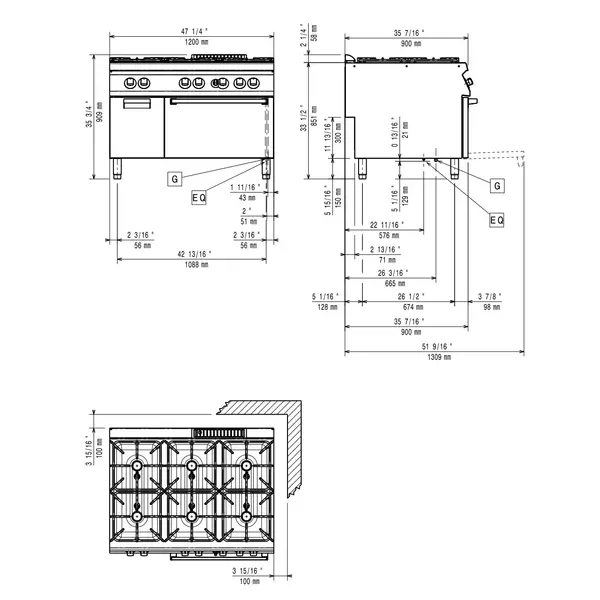 Fornuis + Oven | MAXIMA 900+ | Gas | 6 Branders (6x 10kW) + 2/1 GN Oven (8.5kW) | Waakvlam/Piëzo | Neutraal Vak | 1200x900x851/909(h)mm