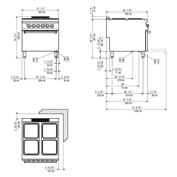 Fornuis + Oven | MAXIMA 900+ | Elektrisch | 4 Kookpunten (300x300) + 2/1 GN Oven | 22kW (400V) | 800x900x851/909(h)mm