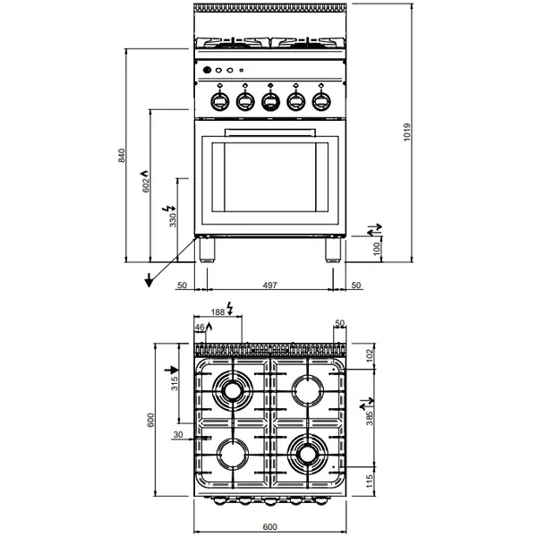 Fornuis + Oven | MINIMA 600 | Gas | 4 Branders (2x 2.7kW, 2x 3.15kW) + Oven (2kW) | Waakvlam/Piëzo | 600x600x850(h)mm