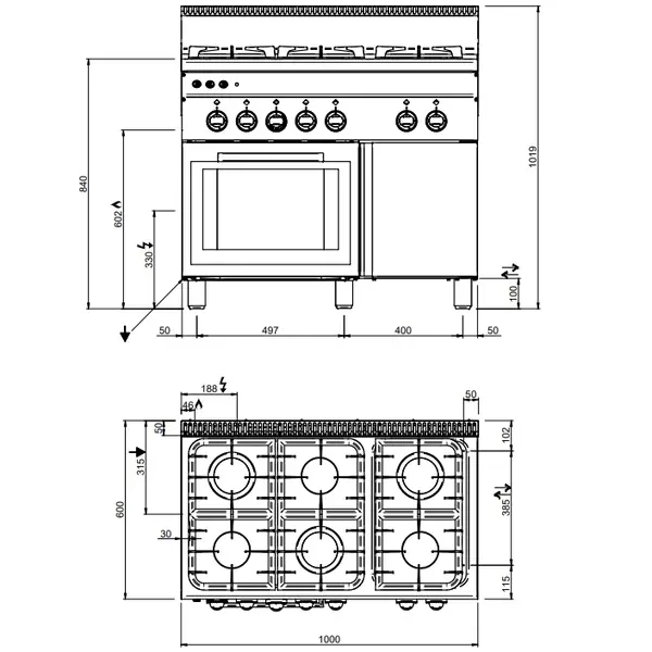 Fornuis + Oven | MINIMA 600 | Gas | 6 Branders (3x 2.7kW, 3x 3.15kW) + Oven (2kW) | Waakvlam/Piëzo | Neutraal Vak | 1000x600x850(h)mm