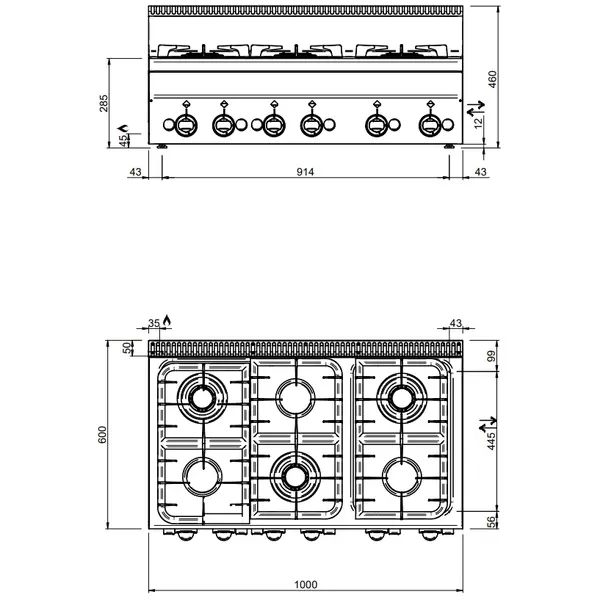 Fornuis | MINIMA 600 | Gas | 6 Branders (3x 2.7kW + 3x 3.15kW) | Piëzo Ontsteking | 1000x600x270(h)mm