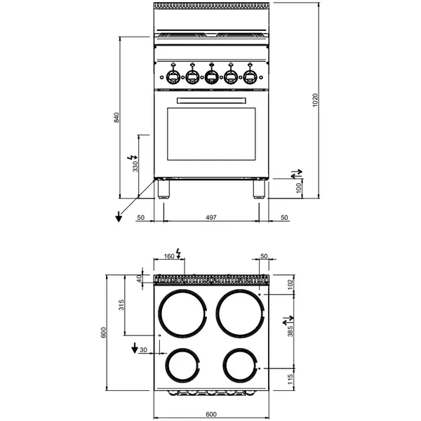 Fornuis + Oven | MINIMA 600 | Elektrisch | 4 Kookpunten (2x 1.5kW, 2x 2.6 kW) + Oven | 12.5kW (400V) | 600x600x850(h)mm