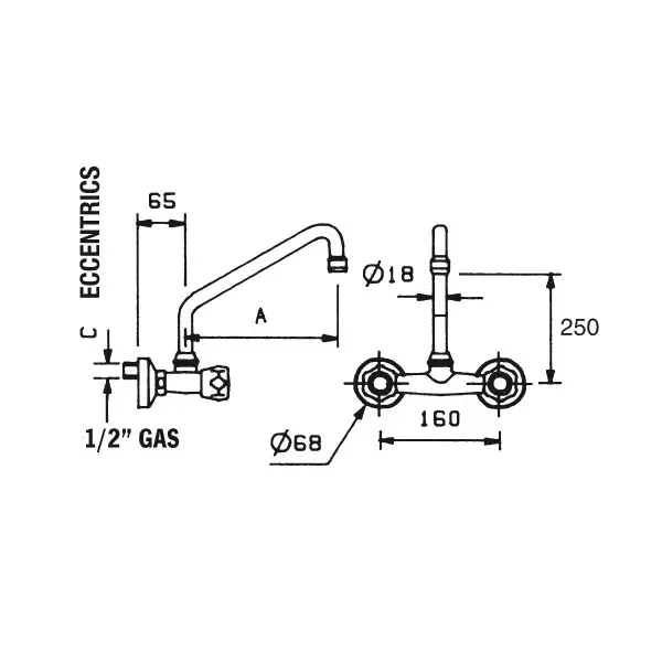 Duobloc hoog muurmodel 18(Ø)mm mengkraan | Verchroomd koper | 250(h)mm